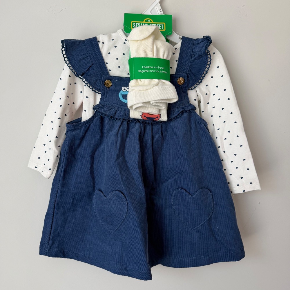 New 18M Sesame Street Friends Toddler Girl Corduroy Dress Outfit Socks Bag Blue